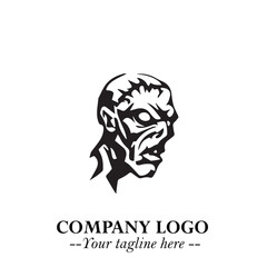 Head of Zombie Logo Symbol in Black on the White Background with Horror Minimal Vector Design