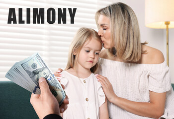 Father with dollars near his ex-wife with their daughter. Alimony, money support for child after...