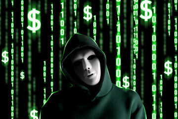 Cyber attack. Hacker in mask, green glowing binary code and dollar signs behind him
