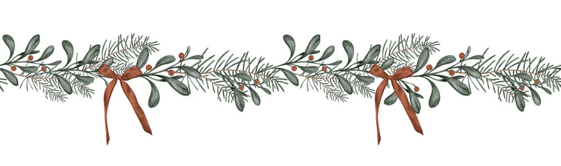 Horizontal seamless border with hand drawn illustration of green branch of fir tree and holly with red berry. Frame with red bows for New year or Christmas design in muted tones