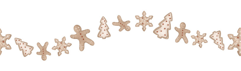 Horizon seamless border with hand drawn illustration gingerbread man and cookies in the shape of a snowflake and tree. Frame for New year or Christmas design in muted beige tones