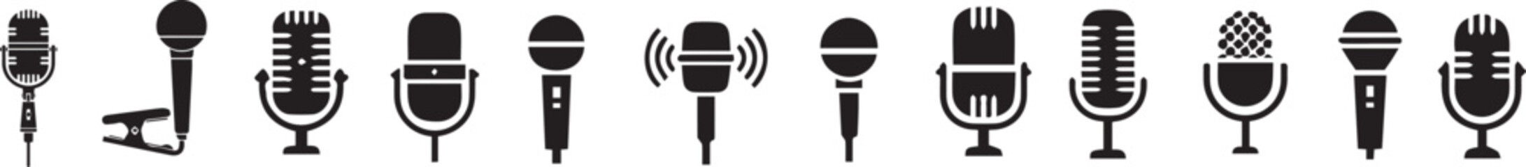 Microphone silhouette vector set isolated on a transparent background. Media, podcast, music.