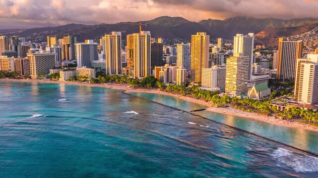 Waikiki Skyline during golden hour, sunset aerial hyperlapse, Hawaii Oahu 4K