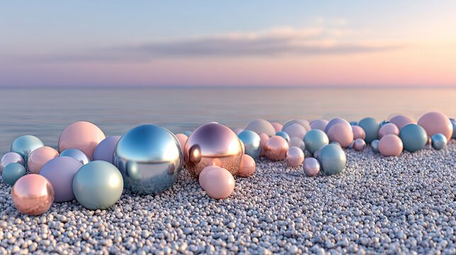 Abstract composition of spheres with reflective surfaces on pebble beach