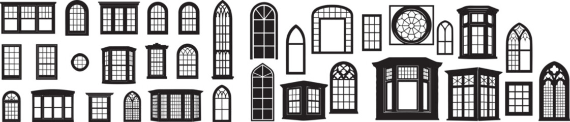 Architectural window and arch silhouette vector set isolated on a transparent background.