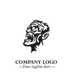 Head of Zombie Logo Symbol in Black on the White Background with Horror Minimal Vector Design