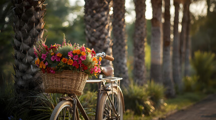 Bicycle with Flowers under Palm Trees in Sunset Light