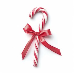 a candy cane tied with bow, isolated on white background, minimal christmas product style 
