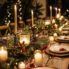 a christmas dinner table with candles, greenery, and festive dishes, warm elegant lighting