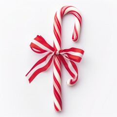 a candy cane tied with bow, isolated on white background, minimal christmas product style 