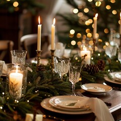 a christmas dinner table with candles, greenery, and festive dishes, warm elegant lighting