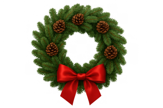 Christmas evergreen wreath with pine cones and a red ribbon bow, celebrating festive holidays and winter events