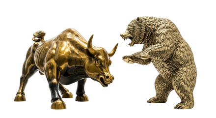 Bull and bear market statues isolated on transparent background