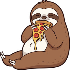Naklejka premium Adorable sloth eating pizza cartoon illustration, funny animal character vector, lazy sloth food artwork, playful design drawing, cad drawing flat vector illustration