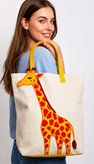Young woman smiling while holding tote bag with giraffe design  