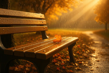 Empty wooden bench in autumn park under rain with sunlight shining  