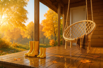 Yellow rain boots on porch with autumn leaves and swing at sunset  