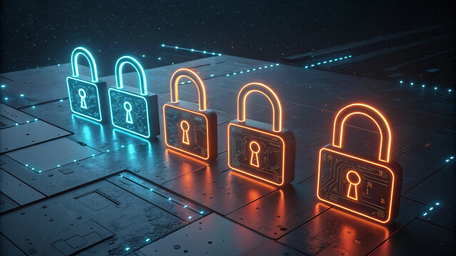 Neon padlocks in blue and orange light on a dark surface with circuit board design and light spots