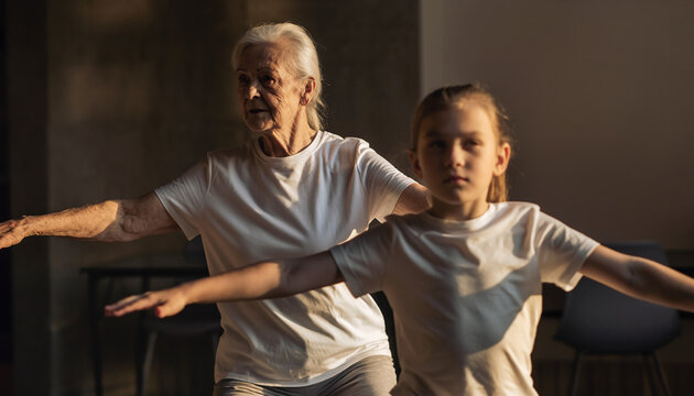 Elderly grandmother and her grandchild practicing synchronized exercises together, enjoying a healthy and active lifestyle in a sunlit room