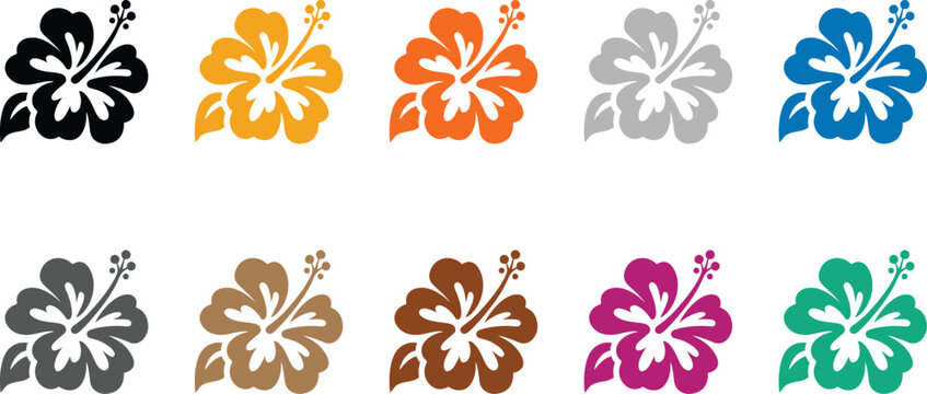 Colorful hibiscus flower icons design collection, Tropical flower silhouettes in various hues