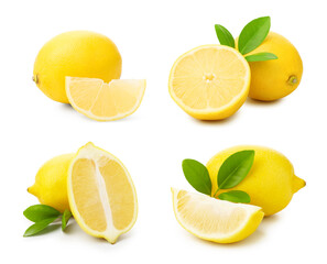 Fototapeta premium Fresh lemons isolated on white, set. Citrus fruit
