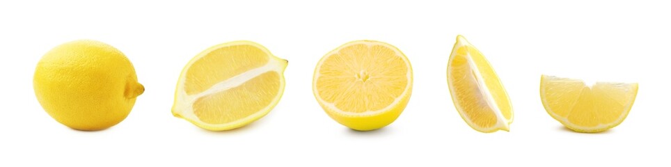 Fresh lemon isolated on white, whole and sliced. Citrus fruit