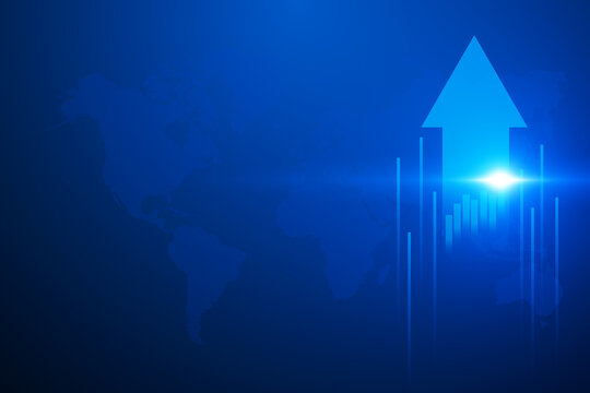 Growth arrow up and progress success business skill increase improvement graph on market profit stock background with goal of achievement futuristic finance.