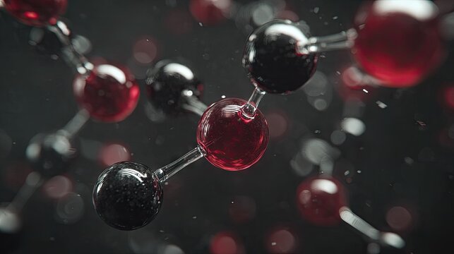 Abstract molecular structure with red and black spheres on dark background - Powered by Adobe