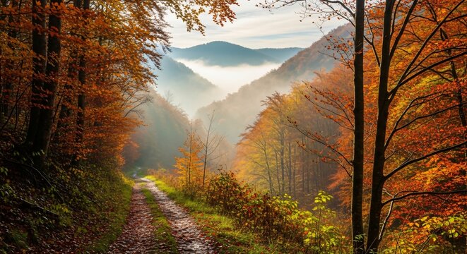 Breathtaking autumn landscape with vibrant foliage and misty mountains, perfect for travel inspiration and scenic backgrounds, nature's golden beauty