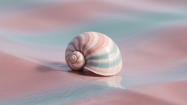 Delicate spiral seashell with pastel pink and blue stripes resting on a soft blurred background