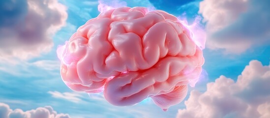 A vibrant pink human brain floats amidst dreamy pastel clouds, symbolizing imagination and cognitive processes