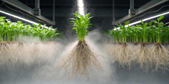Aeroponic farming technology nurturing plant root growth with nutrient mist in controlled space. This modern agriculture innovation supports sustainable food economy and future