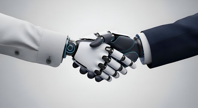 An impressive handshake between two robots symbolizes a groundbreaking collaboration and the merging of technology with human-like interactions.
