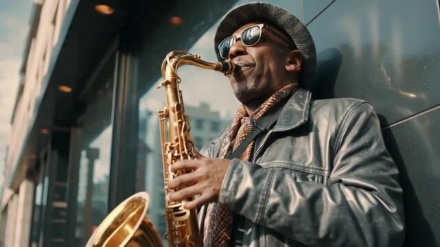 An urban jazzman pouring his soul into his saxophone music bathed in the golden hour light against a