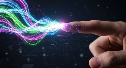 Human finger interacting with vibrant abstract energy trails