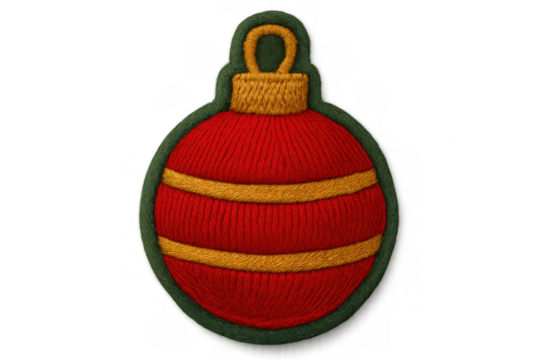 Christmas ornament embroidered patch design featuring festive red and gold yarn with green border