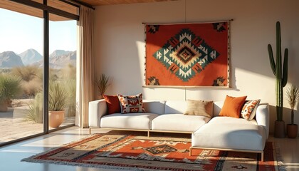 Obraz premium Southwestern living room with desert mountain view from panoramic window. Modern home interior features white sofa, patterned pillows, tribal tapestry, cactus. Stylish apartment design with ethnic
