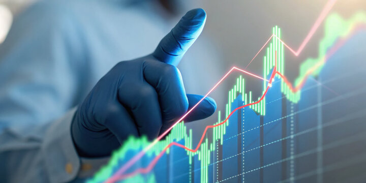 Hopeful professional with blue glove points at stock market chart analyzing finance data. graph shows positive economy growth in digital space using new technology