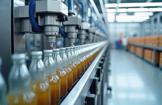 Automated bottling machine fills clear glass bottles with yellow liquid on modern production line. Conveyor belt moves drink products in industrial factory setting. High-tech plant operates