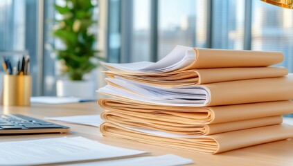 A stack of manila folders filled with paperwork sits on a desk in a modern office