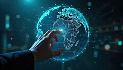 Hand touches glowing digital Earth network. Futuristic AI cyberspace, global connections, big data. Science innovation, technology future, virtual world.