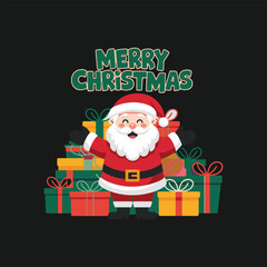 Cute Santa Claus with Christmas Gifts and Merry Christmas Typography on Dark Background