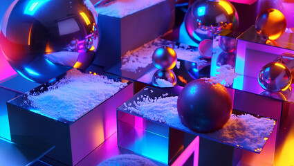 Festive Christmas Ornament Display with Reflective Surfaces and Colorful Lighting Arrangement