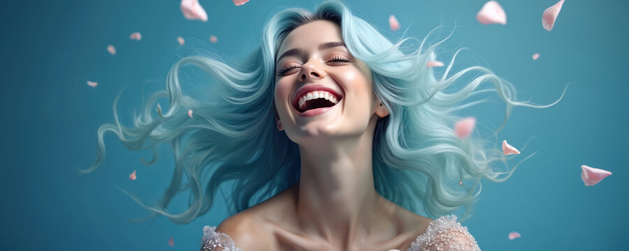 Joyful woman with flowing blue hair laughs happily, pink petals float around. Wears sparkly dress against teal background. Expression conveys pure delight, carefree elegance. Photo works for beauty, - Powered by Adobe