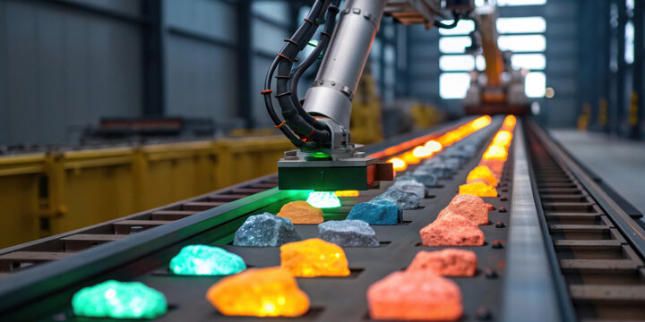 Industrial automation with robotic arm sorting glowing ore on conveyor belt. This manufacturing process saves space and represents future economy and industrial growth