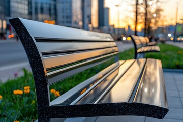 Sleek, modern metallic bench sits outdoors at sunset, reflecting city lights