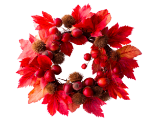 Festive Autumn Wreath with Red Leaves and Berries, isolated on transparent cutout background
