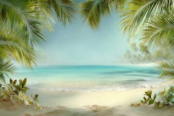 Tropical beach scene framed by palm fronds, featuring waves, sand, and foliage