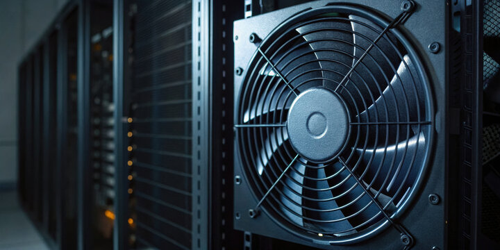 Close up of powerful server cooling fan in data center rack. This hardware technology provides digital space for information storage driving economy growth and network power - Powered by Adobe