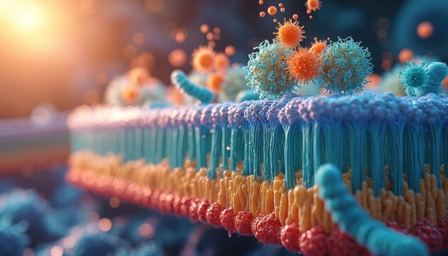 Microscopic view of cell membrane lipid bilayer, with embedded proteins. Molecules interact with cell surface. Complex cellular structure vital for life processes, molecular transport, crucial